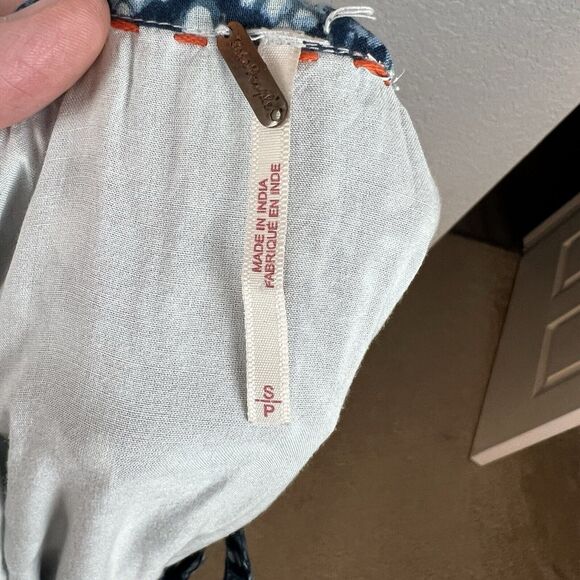 FREE PEOPLE Size S Jet Set Mini Dress Batik Blue The Off Shoulder Swing Pockets - Picture 9 of 9